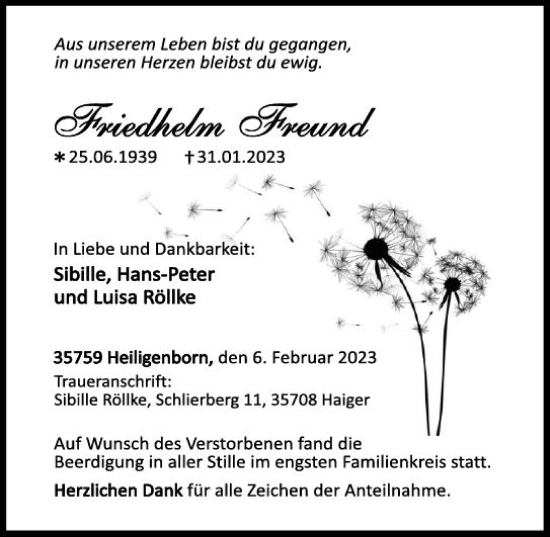Traueranzeige von Friedhelm Freund von Dill Block