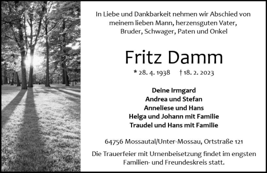 Traueranzeige von Fritz Damm von Odenwälder Echo