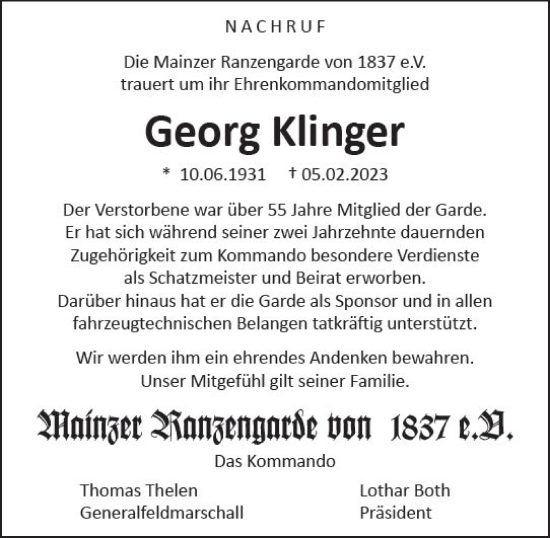 Traueranzeige von Georg Klinger von Allgemeine Zeitung Mainz