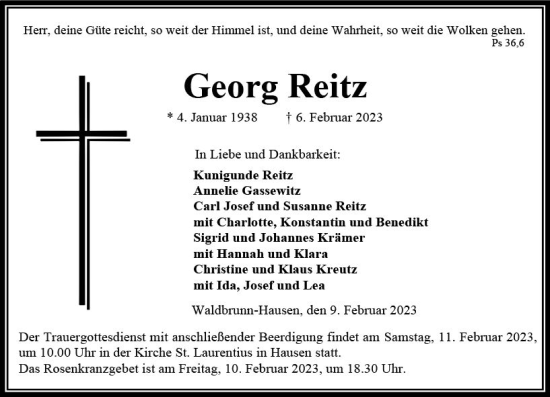 Traueranzeige von Georg Reitz von Nassauische Neue Presse