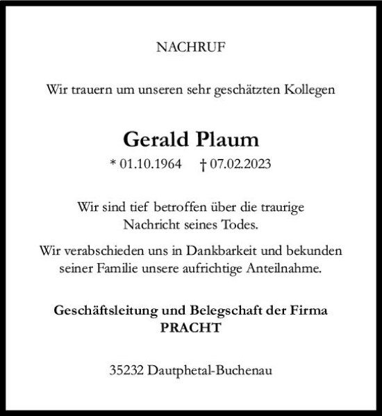 Traueranzeige von Gerald Plaum von Hinterländer Anzeiger