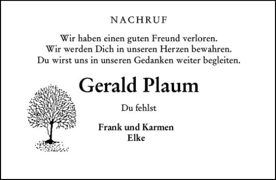 Traueranzeige von Gerald Plaum von Hinterländer Anzeiger