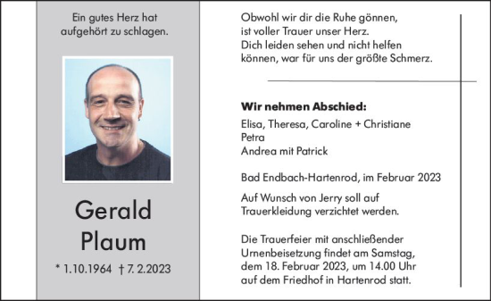 Traueranzeige von Gerald Plaum von Hinterländer Anzeiger