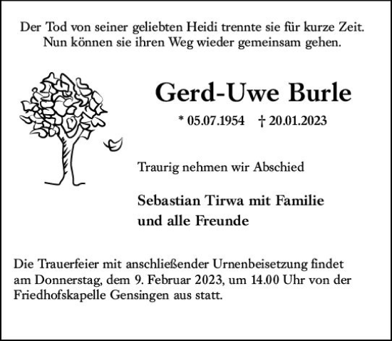 Traueranzeige von Gerd-Uwe Burle von Bingen/Ingelheim Wochenblatt inkl. NBZ