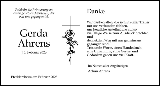 Traueranzeige von Gerda Ahrens von Wormser Zeitung