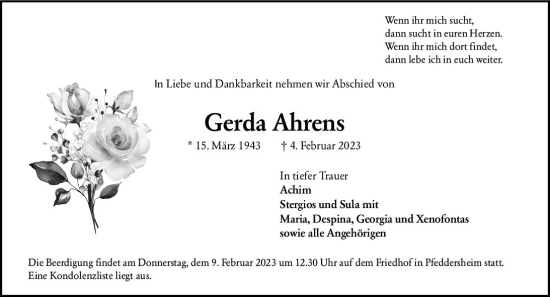 Traueranzeige von Gerda Ahrens von Wormser Zeitung