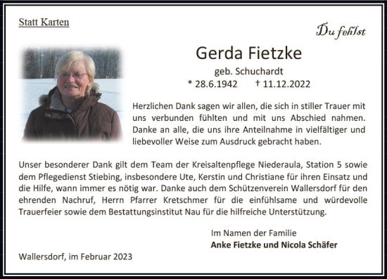 Traueranzeige von Gerda Fietzke von VRM Trauer