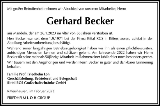 Traueranzeige von Gerhard Becker von Dill Block