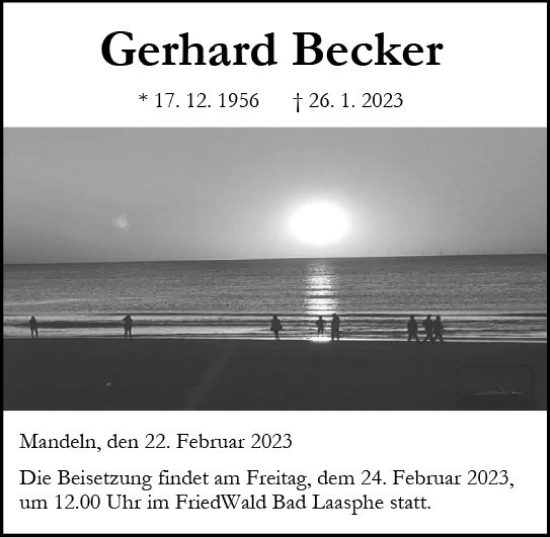 Traueranzeige von Gerhard Becker von Dill Block