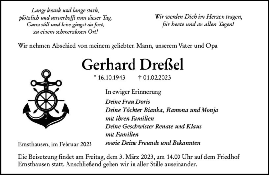 Traueranzeige von Gerhard Dreßel von Weilburger Tageblatt