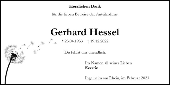 Traueranzeige von Gerhard Hessel von Allgemeine Zeitung Ingelheim-Bingen