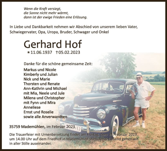 Traueranzeige von Gerhard Hof von Dill Block