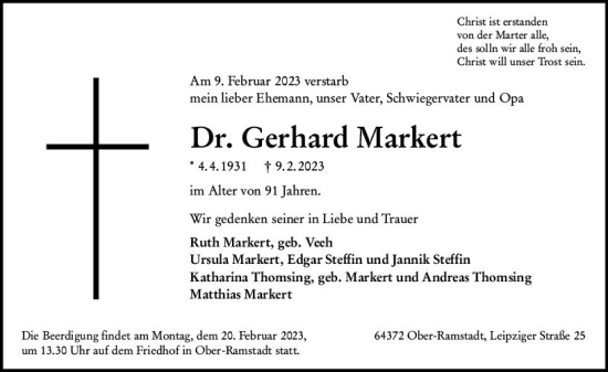 Traueranzeige von Gerhard Markert von Darmstädter Echo