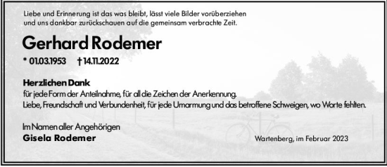Traueranzeige von Gerhard Rodemer von Oberhessen Kurier