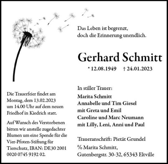 Traueranzeige von Gerhard Schmitt von Wiesbadener Kurier gesamt