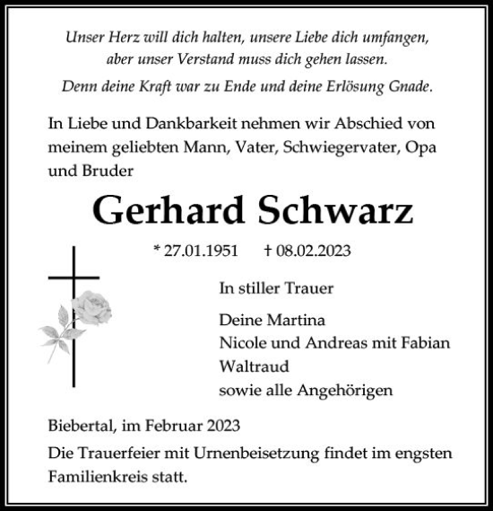 Traueranzeige von Gerhard Schwarz von Wetzlarer Neue Zeitung