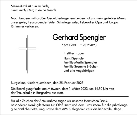 Traueranzeige von Gerhard Spengler von Wetzlarer Neue Zeitung