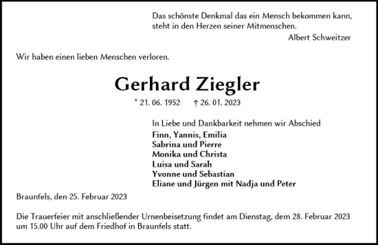 Traueranzeige von Gerhard Ziegler von Wetzlarer Neue Zeitung
