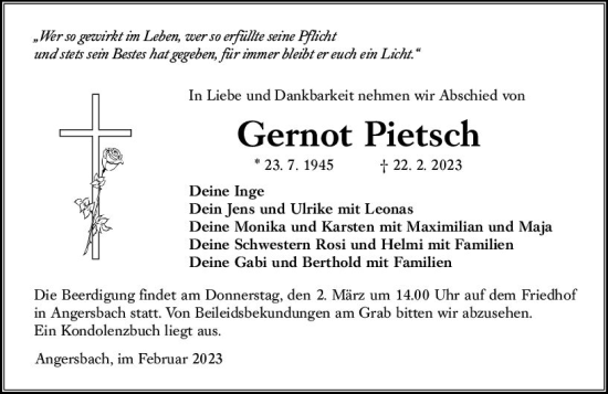 Traueranzeige von Gernot Pietsch von VRM Trauer