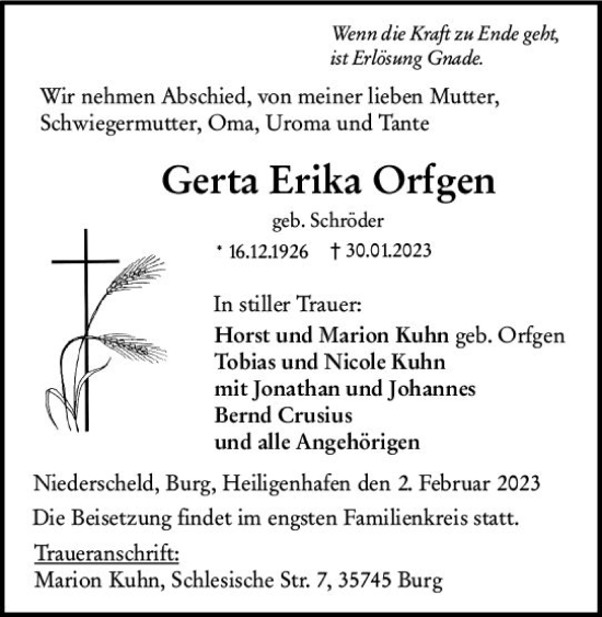 Traueranzeige von Gerta Erika Orfgen von Dill Block