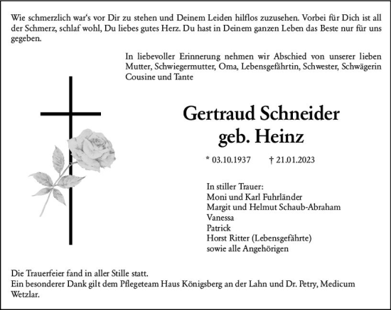 Traueranzeige von Gertraud Schneider von Wetzlarer Neue Zeitung