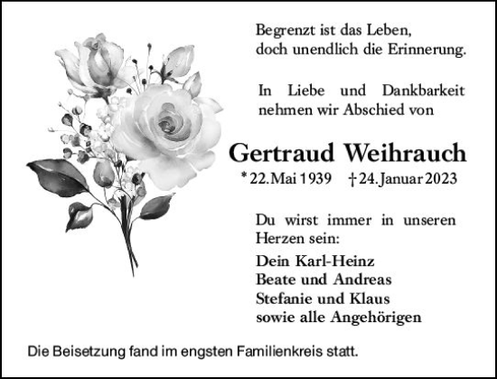 Traueranzeige von Gertraud Weihrauch von Rüsselsheimer Echo