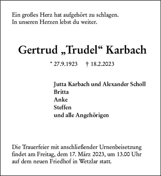 Traueranzeige von Gertrud  Karbach von Wetzlarer Neue Zeitung
