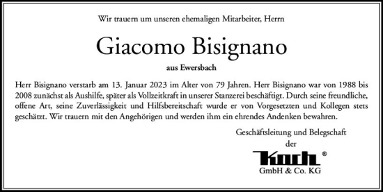 Traueranzeige von Giacomo Bisignano von Dill Block