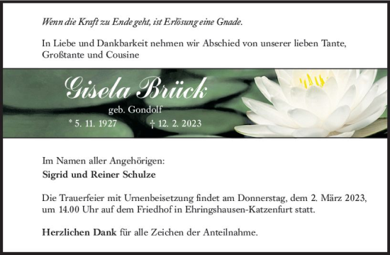 Traueranzeige von Gisela Brück von Wetzlarer Neue Zeitung
