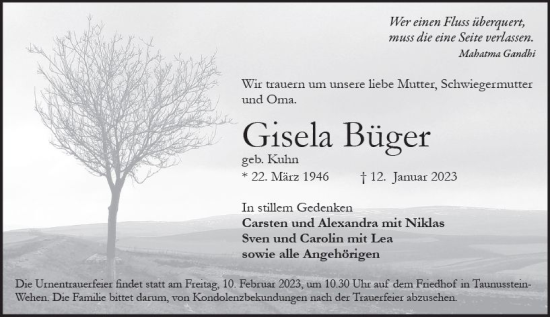 Traueranzeige von Gisela Büger von Wiesbadener Kurier gesamt