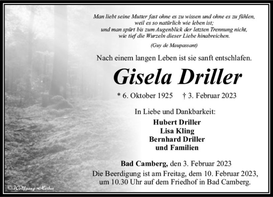 Traueranzeige von Gisela Driller von Camberger Anzeiger
