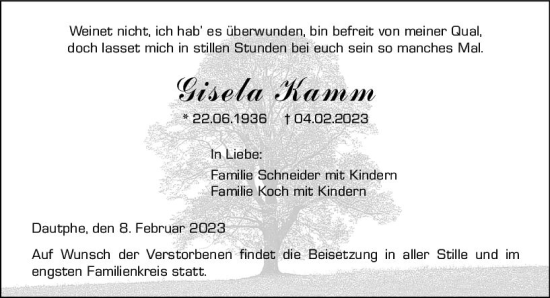 Traueranzeige von Gisela Kamm von Hinterländer Anzeiger