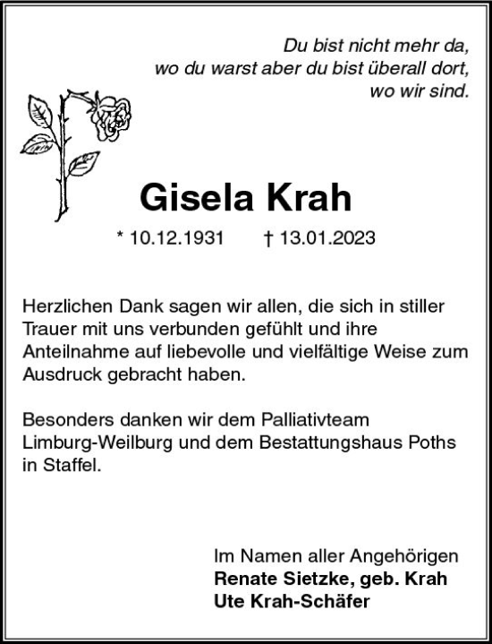Traueranzeige von Gisela Krah von Nassauische Neue Presse