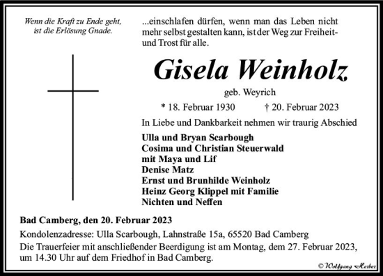 Traueranzeige von Gisela Weinholz von Nassauische Neue Presse