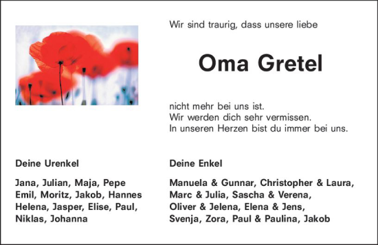 Traueranzeige von Gretel  von Odenwälder Echo