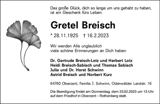 Traueranzeige von Gretel Breisch von Odenwälder Echo