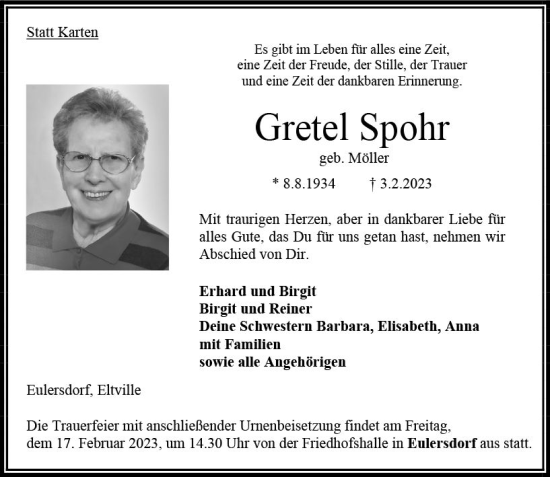 Traueranzeige von Gretel Spohr von VRM Trauer