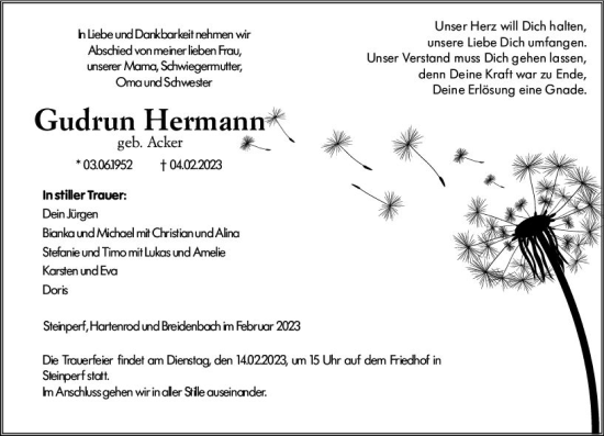 Traueranzeige von Gudrun Herman von Hinterländer Anzeiger