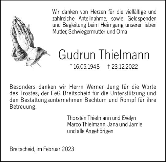 Traueranzeige von Gudrun Thielmann von Dill Block