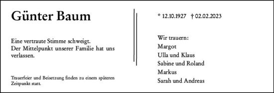 Traueranzeige von Günter Baum von Allgemeine Zeitung Mainz