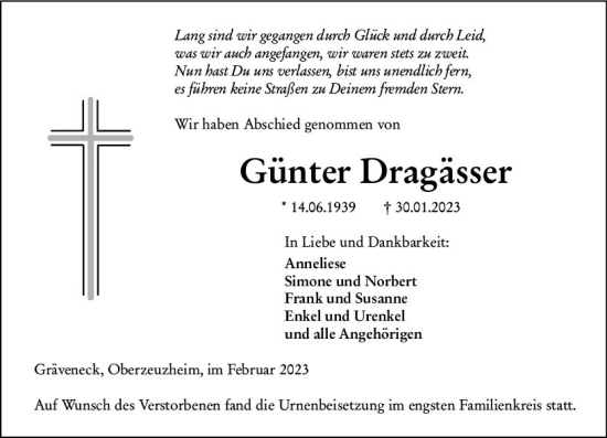 Traueranzeige von Günter Dragässer von Weilburger Tageblatt