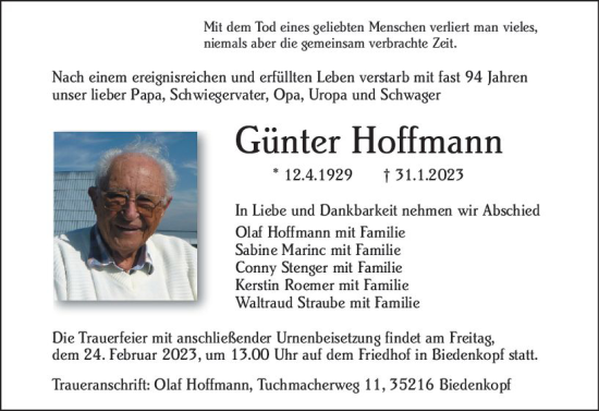Traueranzeige von Günter Hoffmann von Hinterländer Anzeiger