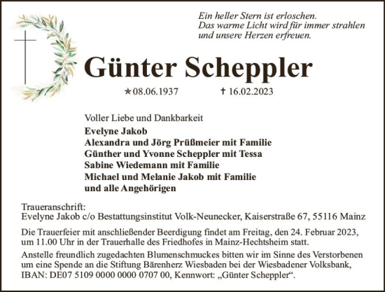 Traueranzeige von Günter Scheppler von Allgemeine Zeitung Mainz