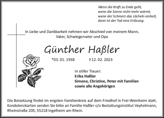 Traueranzeige von Günther Haßler von Allgemeine Zeitung Bingen/Ingelheim
