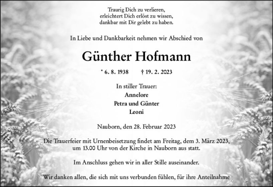 Traueranzeige von Günther Hofmann von Wetzlarer Neue Zeitung