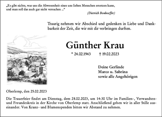 Traueranzeige von Günther Krau von Wetzlarer Neue Zeitung