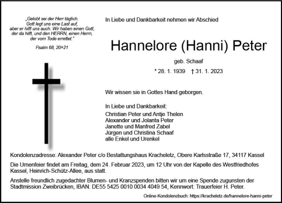 Traueranzeige von Hannelore Peter von Dill Block