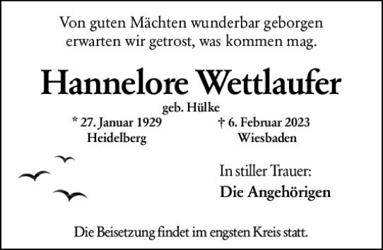 Traueranzeige von Hannelore Wettlaufer von Wiesbadener Kurier