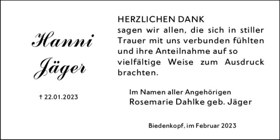 Traueranzeige von Hanni Jäger von Hinterländer Anzeiger