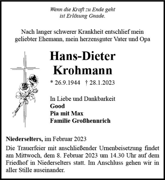 Traueranzeige von Hans-Dieter Krohmann von Camberger Anzeiger